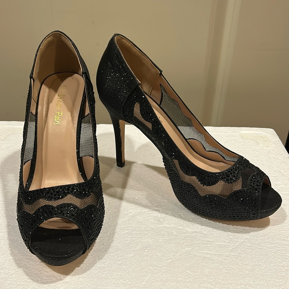Dream Pairs bling shimmer rhinestone netting pump open toe heels size 9 black
